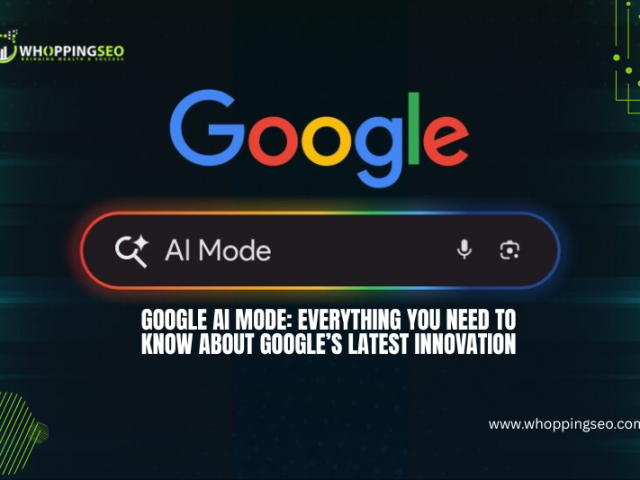 Illustration representing Google AI Mode by WhoppingSEO, showcasing advanced AI-powered SEO tools and smart automation for digital marketing success.